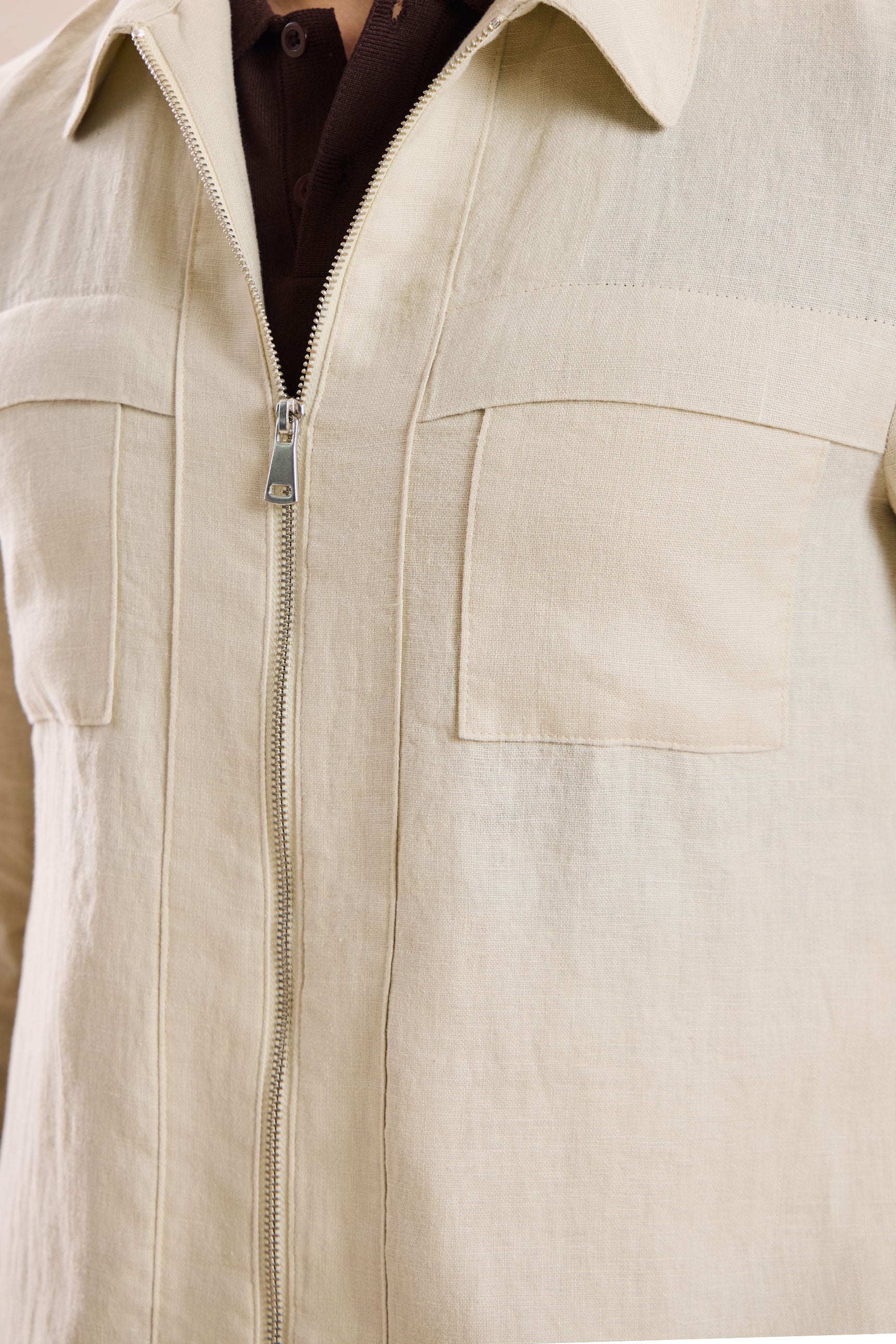 Beige Leinenhemdjacke für Herren mit Reißverschluss, leichtes Sommer-Overshirt