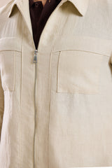 Beige Leinen-Anzug für Herren, elegant-lässig, 2-teilig, mit Reißverschluss vorne, Safari-Stil, Sommer