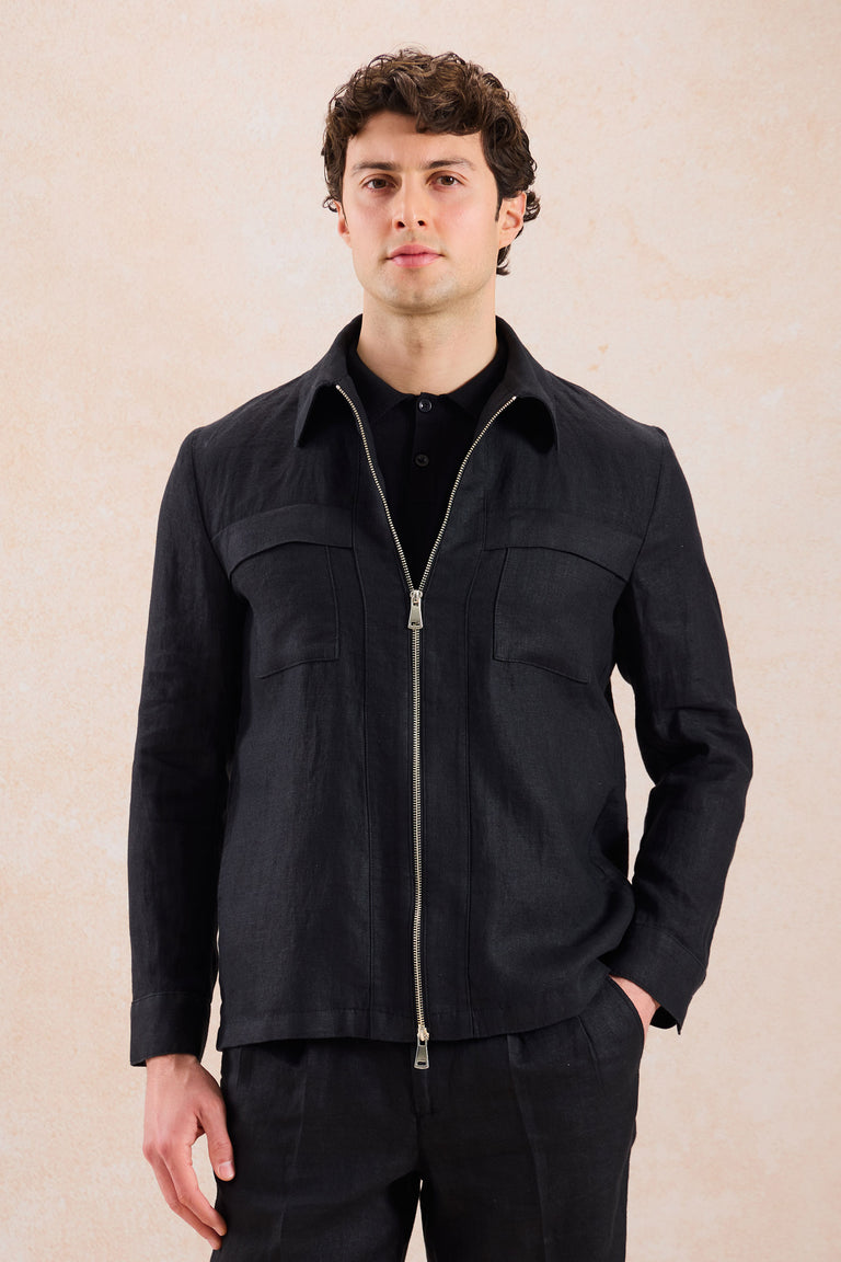Schwarze Leinenhemdjacke für Herren mit Reißverschluss, leichtes Sommer-Overshirt