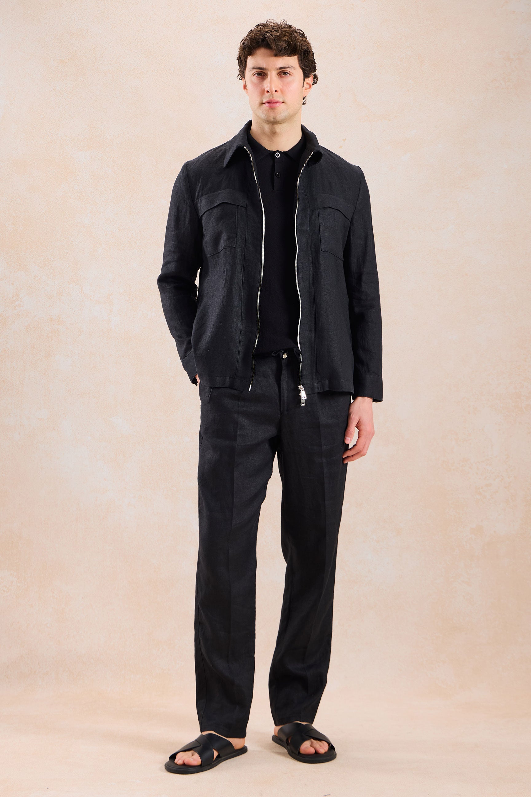 Schwarze Leinenhemdjacke für Herren mit Reißverschluss, leichtes Sommer-Overshirt