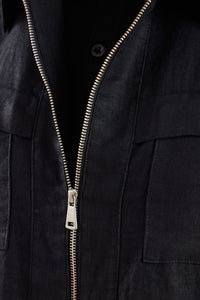 Schwarze Leinenhemdjacke für Herren mit Reißverschluss, leichtes Sommer-Overshirt