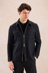 Schwarze Leinenhemdjacke für Herren mit Reißverschluss, leichtes Sommer-Overshirt