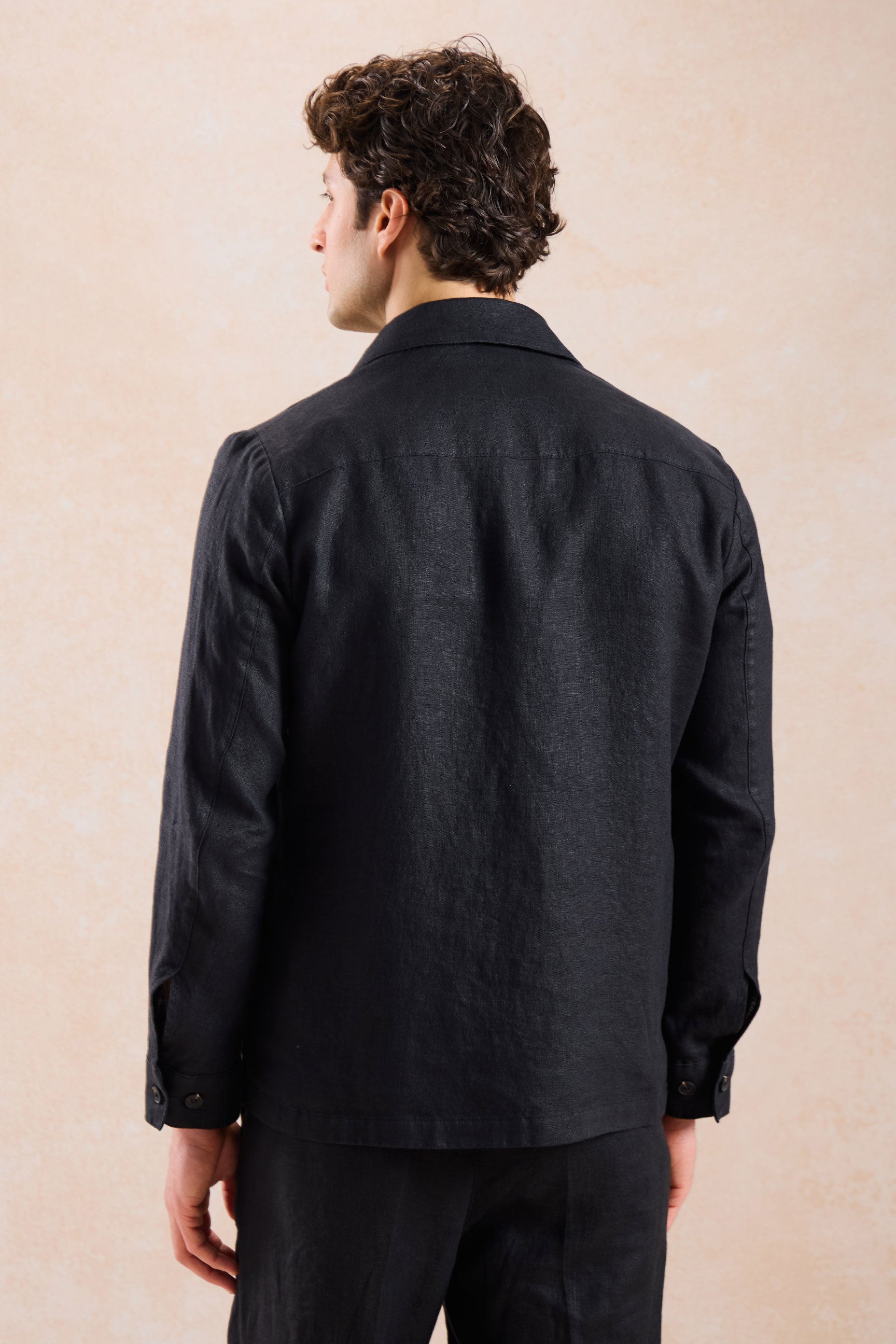 Schwarzer Leinenanzug für Herren, elegant-lässig, zweiteilig, mit Reißverschluss vorne, Safari-Stil, Sommer