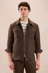 Herren-Leinenanzug, zweiteilig, elegant-lässig, aus braunem Leinen, mit Reißverschluss vorne, im Safari-Stil, Sommer