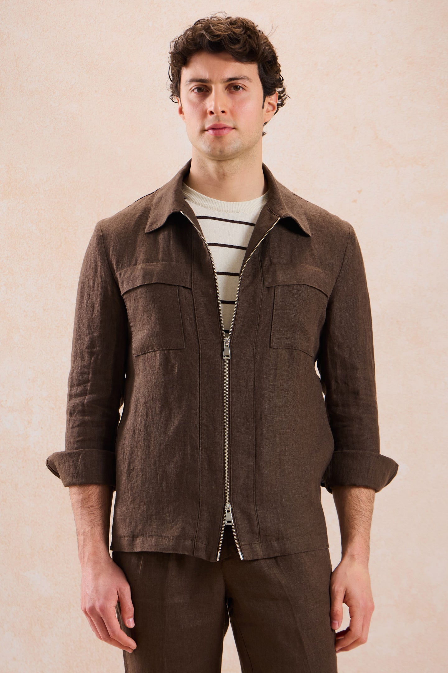 Braune Leinenhemdjacke für Herren mit Reißverschluss, leichtes Sommer-Overshirt