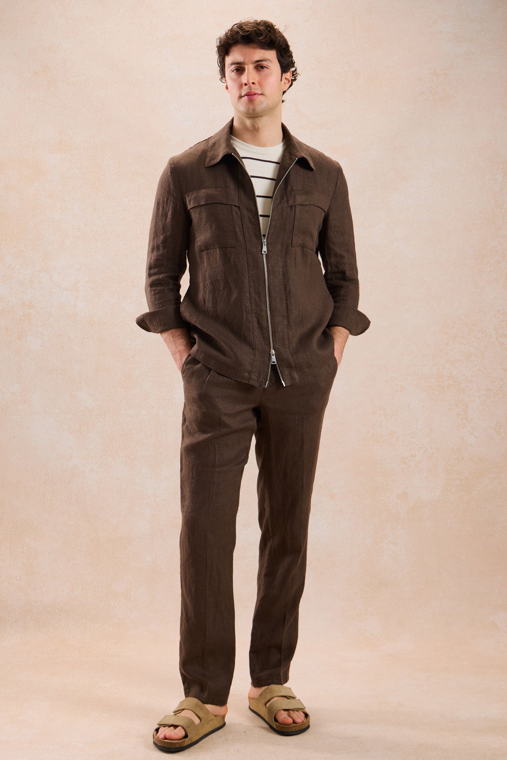 Braune Leinenhemdjacke für Herren mit Reißverschluss, leichtes Sommer-Overshirt