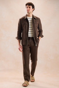 Braune Leinenhemdjacke für Herren mit Reißverschluss, leichtes Sommer-Overshirt