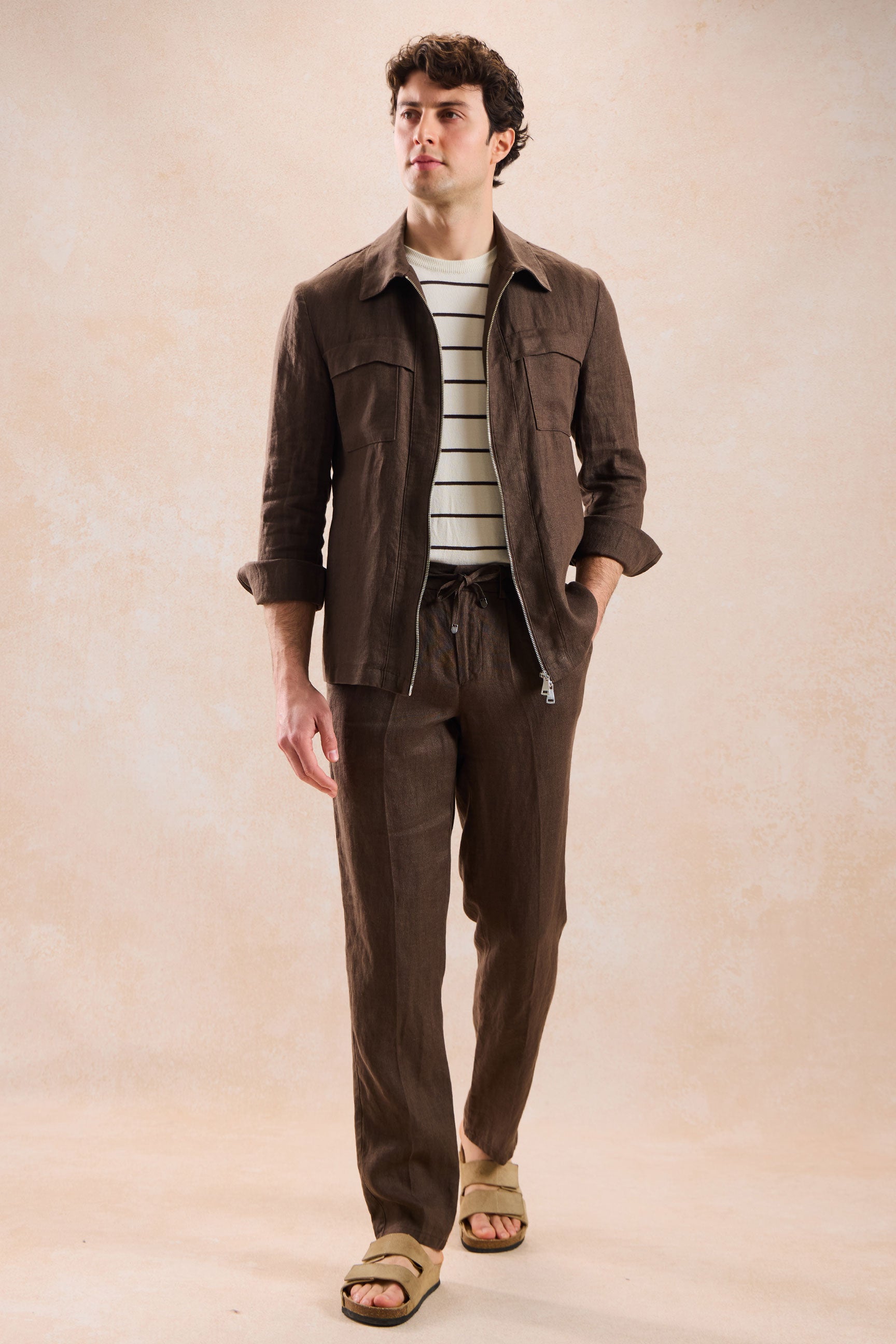 Braune Leinenhemdjacke für Herren mit Reißverschluss, leichtes Sommer-Overshirt