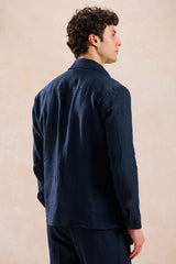 Herren-Leinenanzug in Marineblau, elegant-lässig, 2-teilig, mit Reißverschluss vorne, Safari-Stil, Sommer