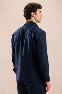 Herren-Leinenanzug in Marineblau, elegant-lässig, 2-teilig, mit Reißverschluss vorne, Safari-Stil, Sommer