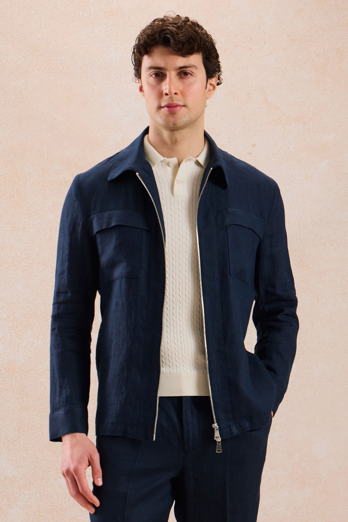 Herren-Hemdjacke aus marineblauem Leinen mit Reißverschluss, leichtes Sommer-Overshirt
