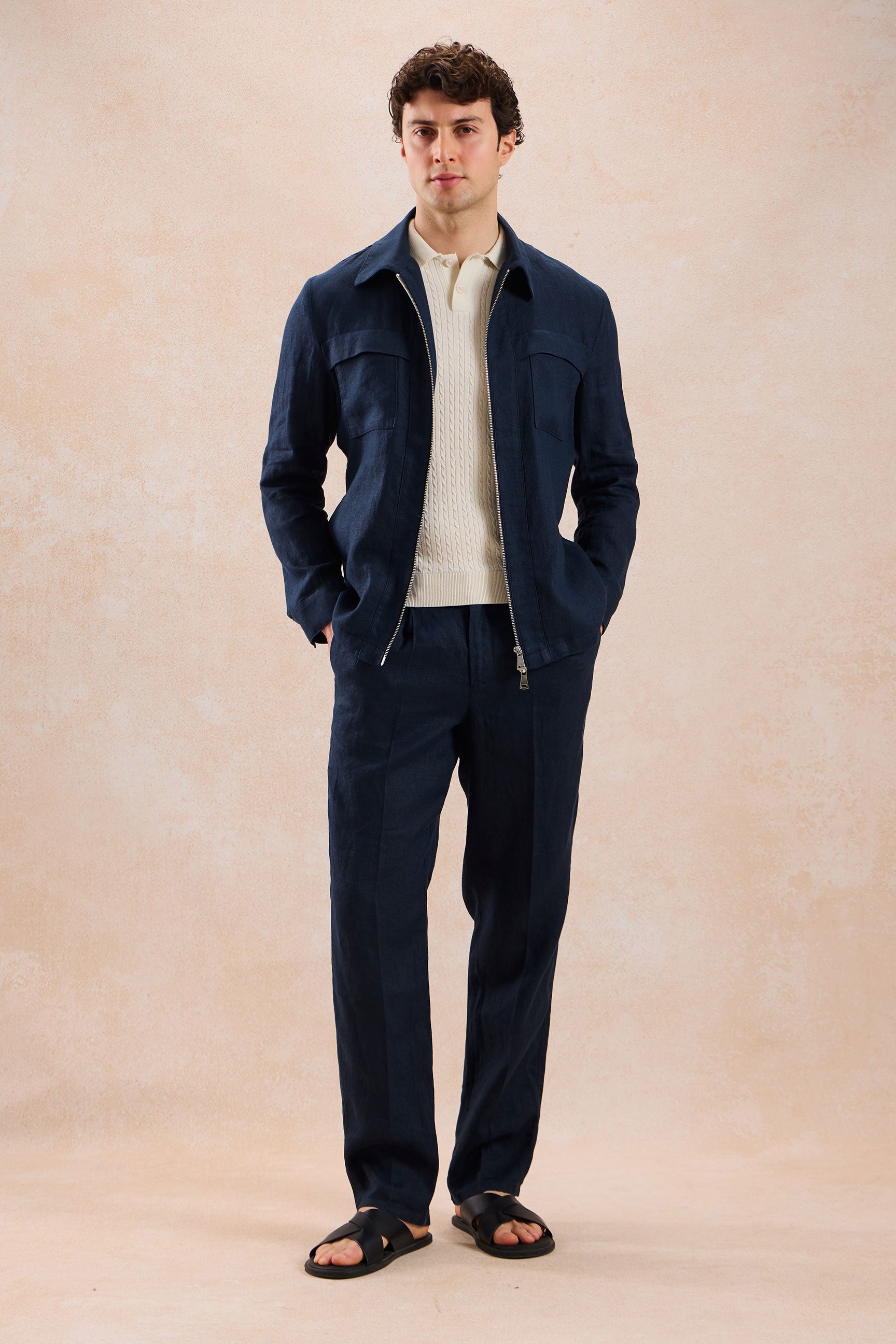 Herren-Hemdjacke aus marineblauem Leinen mit Reißverschluss, leichtes Sommer-Overshirt