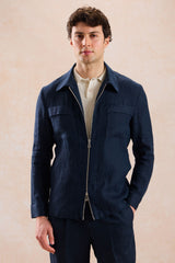 Herren-Hemdjacke aus marineblauem Leinen mit Reißverschluss, leichtes Sommer-Overshirt