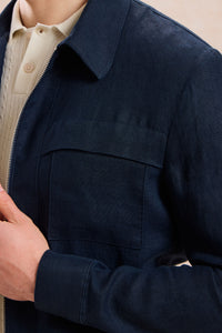 Herren-Hemdjacke aus marineblauem Leinen mit Reißverschluss, leichtes Sommer-Overshirt