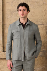 Herren-Leinenanzug in Salbeigrün, elegant-lässig, 2-teilig, mit Reißverschluss vorne, Safari-Stil, Sommer
