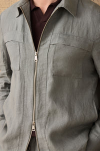Herren-Leinenanzug in Salbeigrün, elegant-lässig, 2-teilig, mit Reißverschluss vorne, Safari-Stil, Sommer