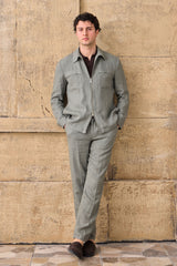 Herren-Leinenanzug in Salbeigrün, elegant-lässig, 2-teilig, mit Reißverschluss vorne, Safari-Stil, Sommer