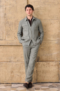 Herren-Leinenanzug in Salbeigrün, elegant-lässig, 2-teilig, mit Reißverschluss vorne, Safari-Stil, Sommer