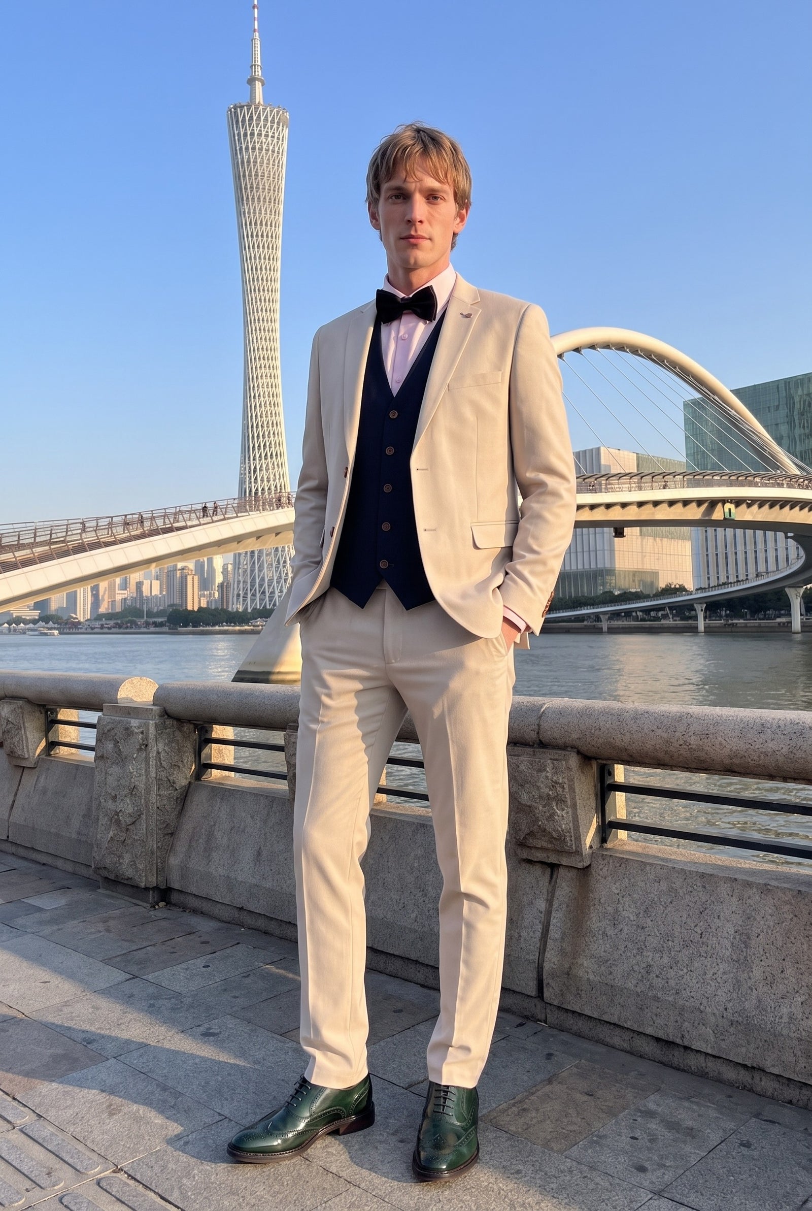 Look #999 styled with Mayfair – 3-teiliger cremefarbener Herrenanzug mit marineblauer Weste