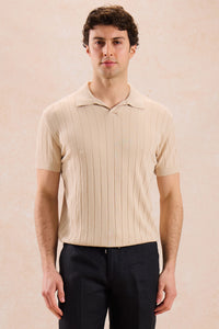 Beiges geripptes Herren-Poloshirt