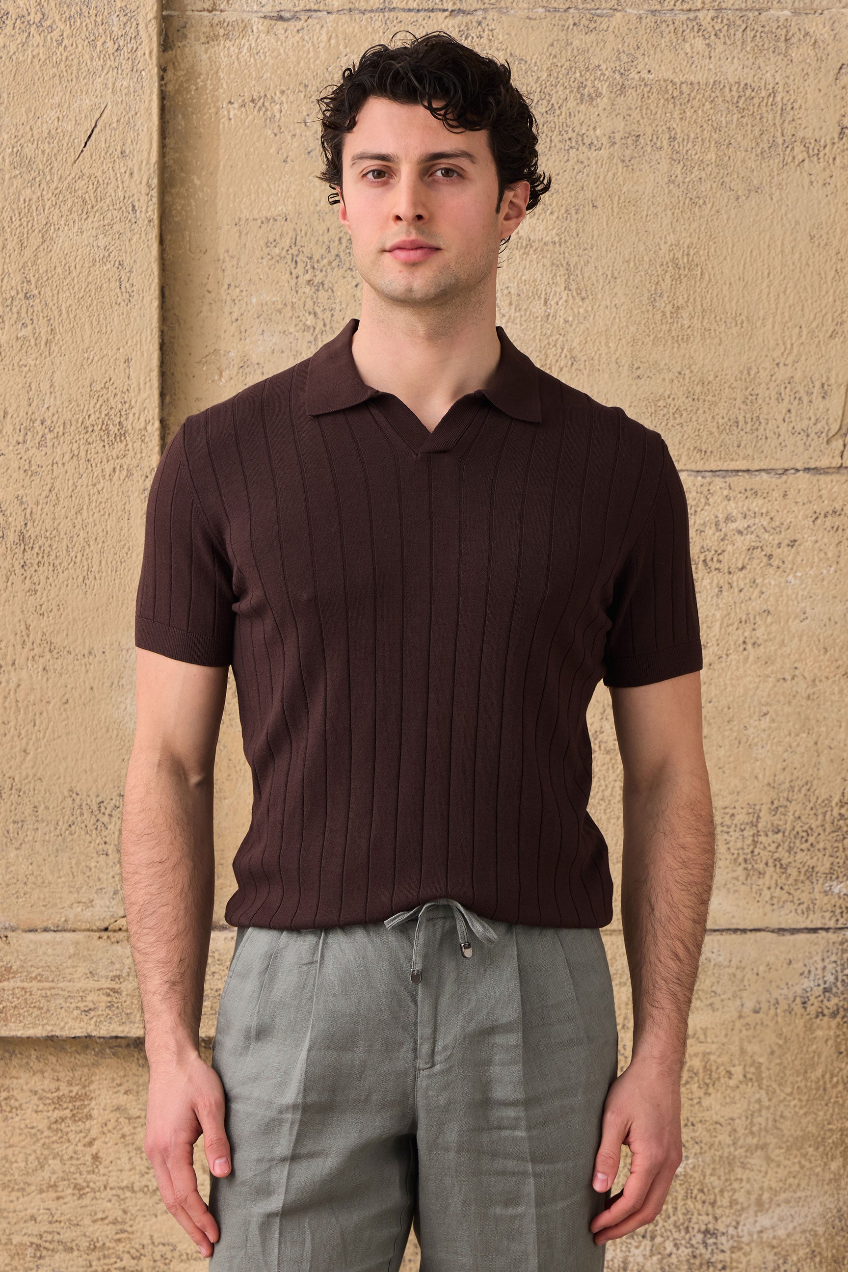 Braunes Herren-Poloshirt mit Rippstrick