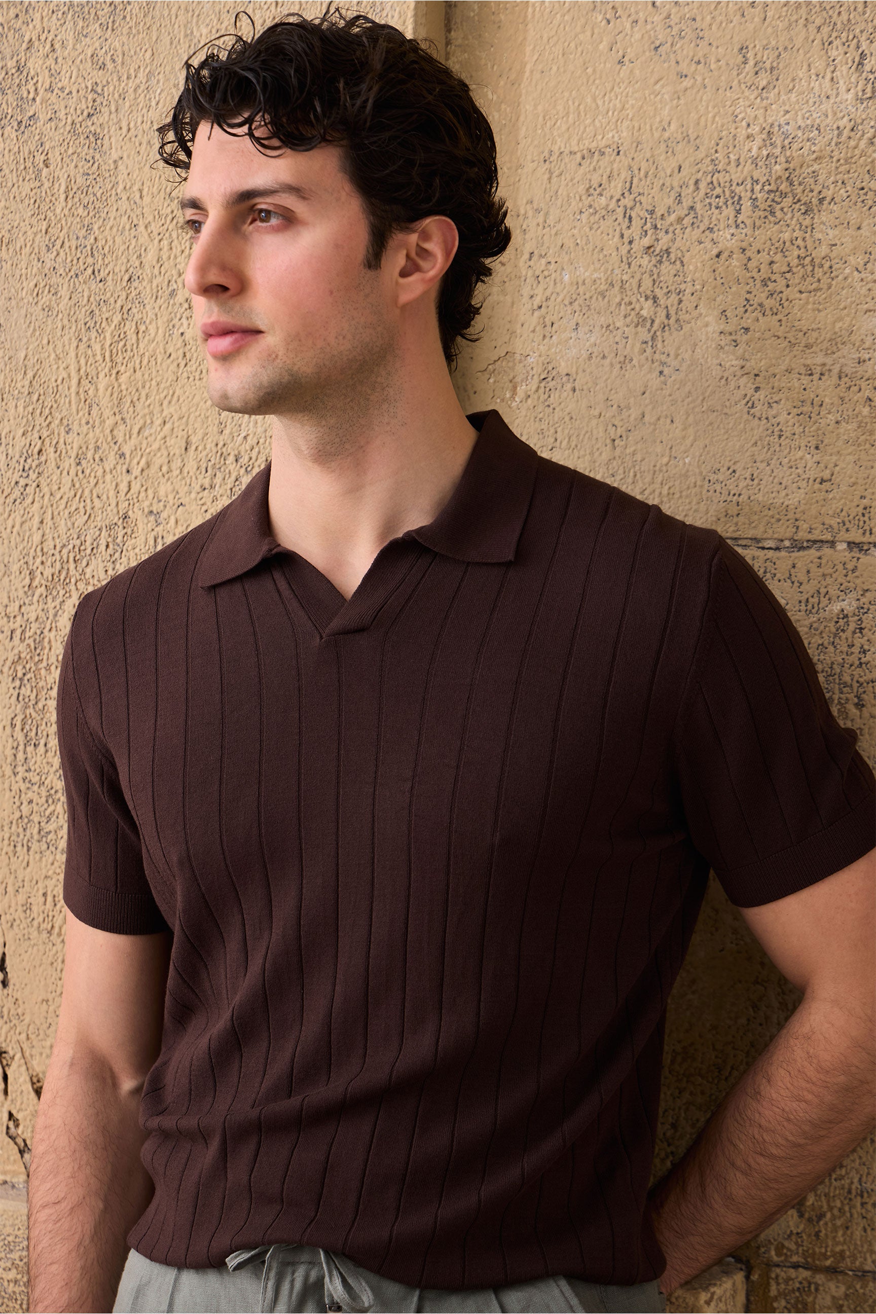 Braunes Herren-Poloshirt mit Rippstrick