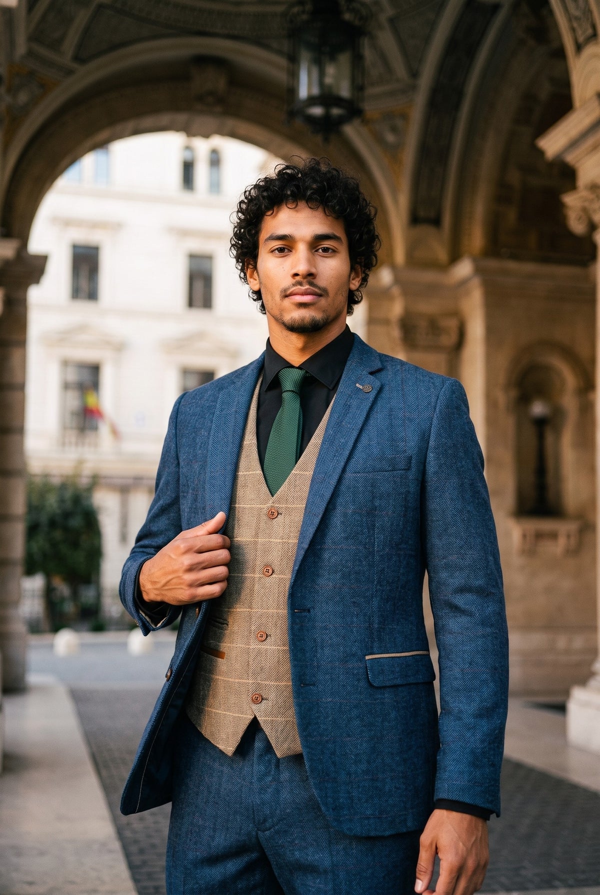 Look #984 styled with Marc Darcy Dion – Herrenanzug, 3-teilig, Fischgrätenmuster, Tweed, kariert, Vintage, maßgeschneidert, Blau, Hellbraun