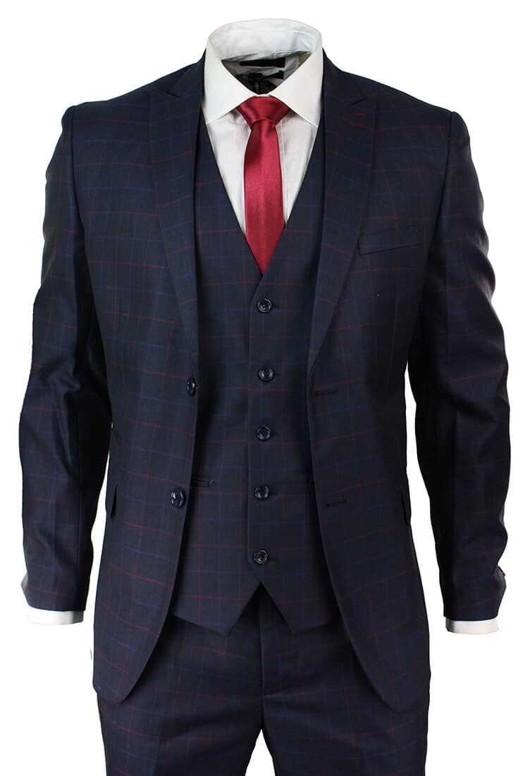 Men's Navy Blue Check 3 Piece Suit
