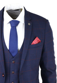 Mens Navy Check 3 Piece Suit Red Edinson Marc Darcy Classic Vintage Wedding