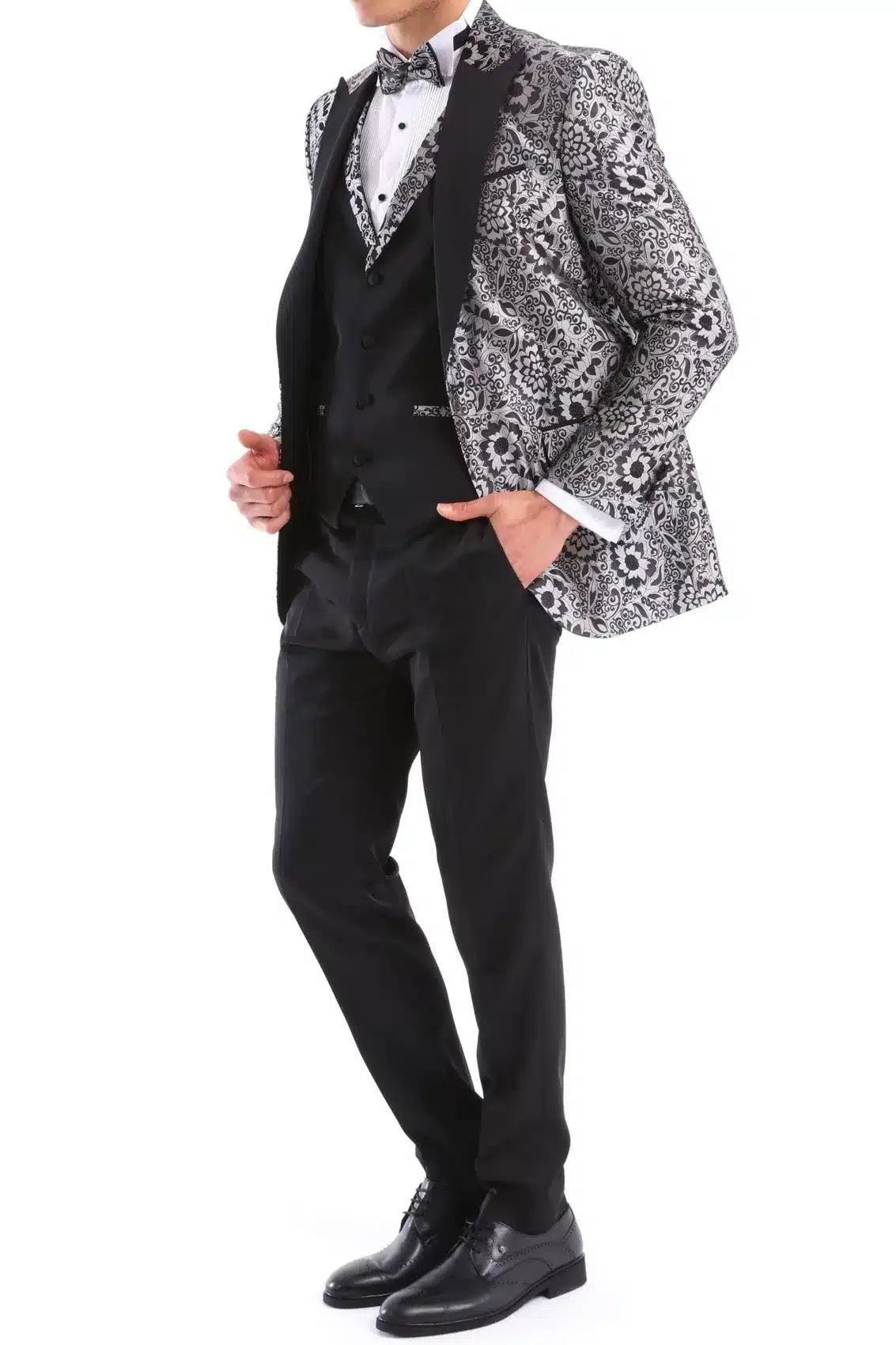 Mens Silver Floral Black Tuxedo Suit 3 Piece Wedding Prom Party Grooms Ceremony