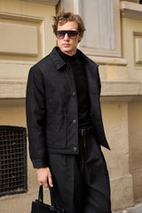 Schwarze Wildlederjacke für Herren, gesteppt, gefüttert, mit Knöpfen