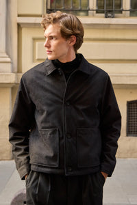 Schwarze Wildlederjacke für Herren, gesteppt, gefüttert, mit Knöpfen