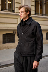 Schwarze Wildlederjacke für Herren, gesteppt, gefüttert, mit Knöpfen