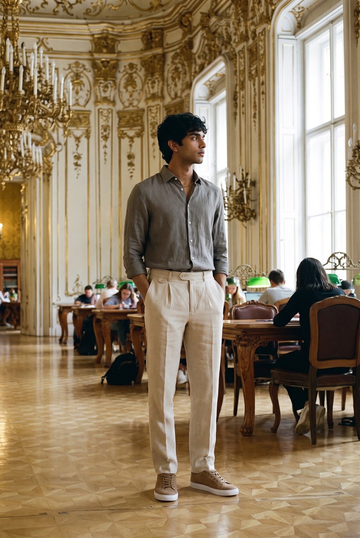 Look #1018 styled with Herrenhemd aus khakifarbenem Leinen, langärmelig, mit Knopfleiste, Sommerhemd