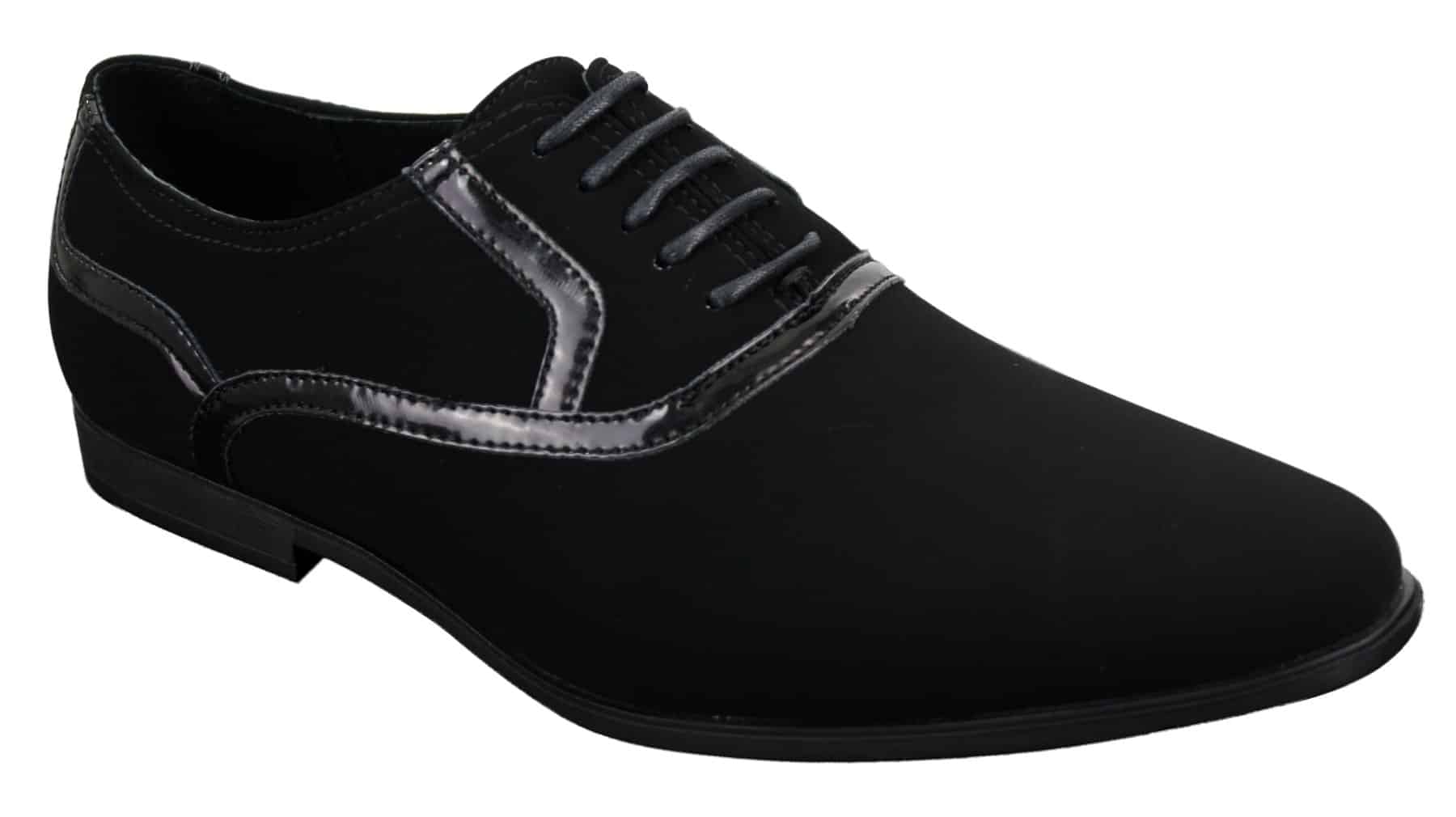 Mens Laced Black Shoes Smart Casual Suede Shiny Patent Leather Trim
