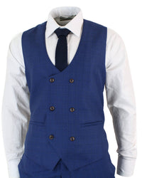 Mens Blue Check 3 Piece Slim Fit Suit