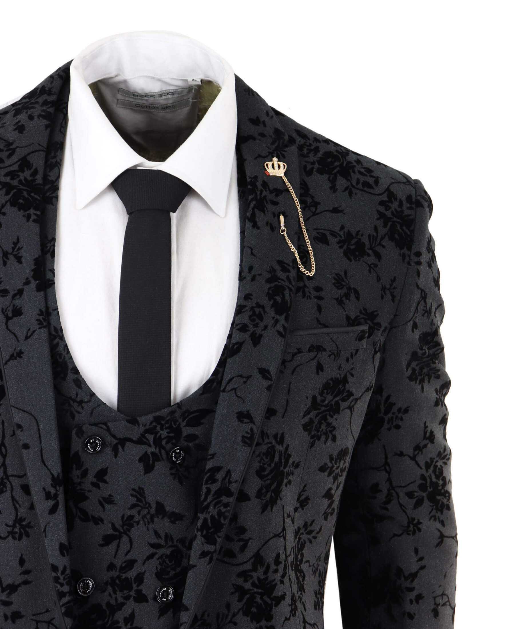 Mens Black 3 Piece Paisley Velvet Suit