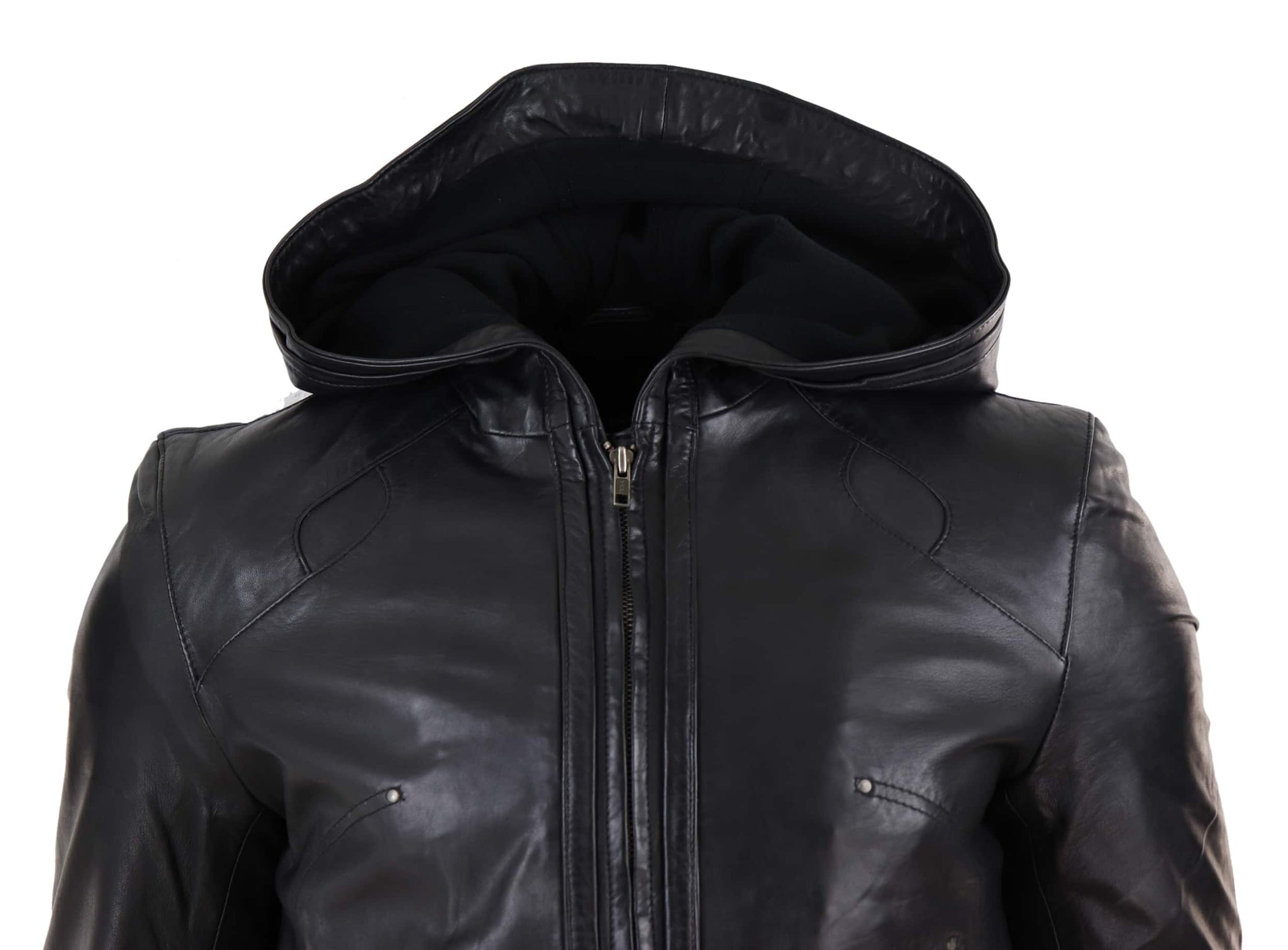 Mens Black Leather Bomber Jacket with Hood