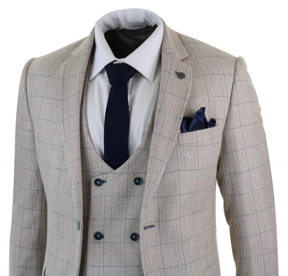 Men's 3 Piece Cream Blue-Check Suit