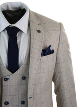 Men's 3 Piece Cream Blue-Check Suit