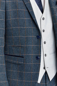 Harris-Tweedanzug in Marineblau mit kontrastierender Belmont-Weste in Silber