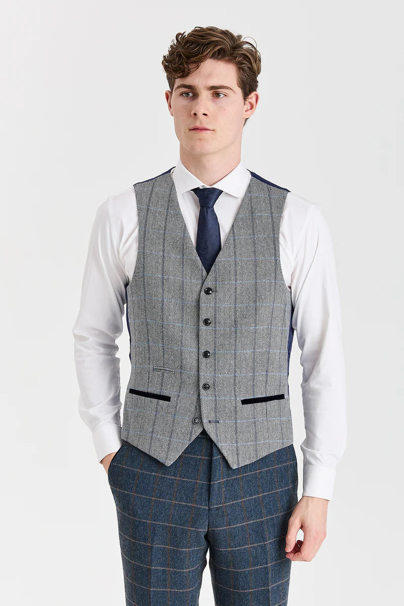 Marineblauer Tweedanzug von Harris mit kontrastierender grauer Tweedweste von Harris