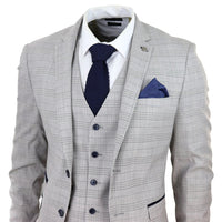 Hugo Men's Light Grey 3-Piece Suit with Navy Blue Check and Velvet Trims
