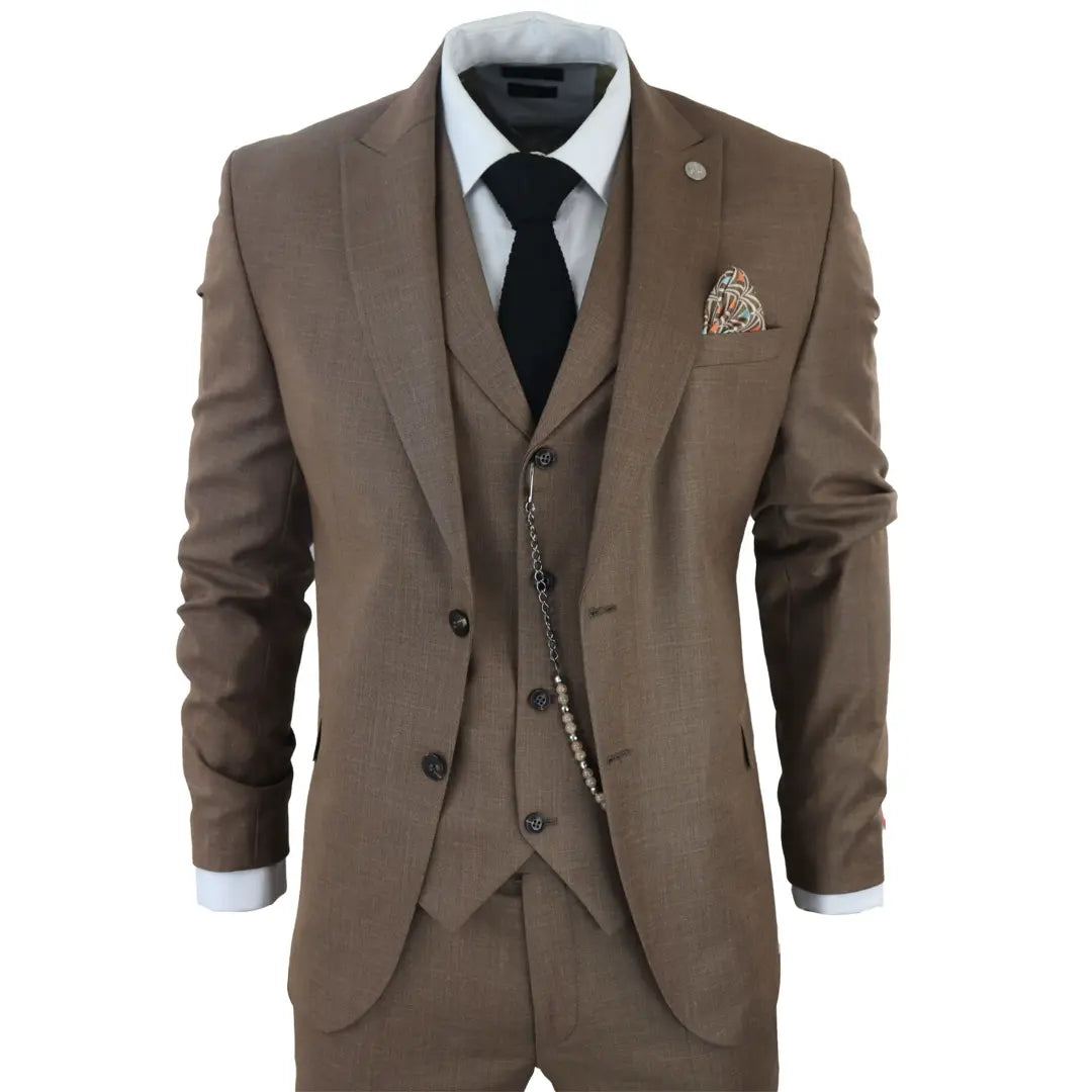 James Men's 3-Piece Plain Brown Suit with Classic Fit