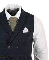 Mens Double Breasted Herringbone Tweed Peaky Blinders Vintage Check Waistcoat Navy Blue