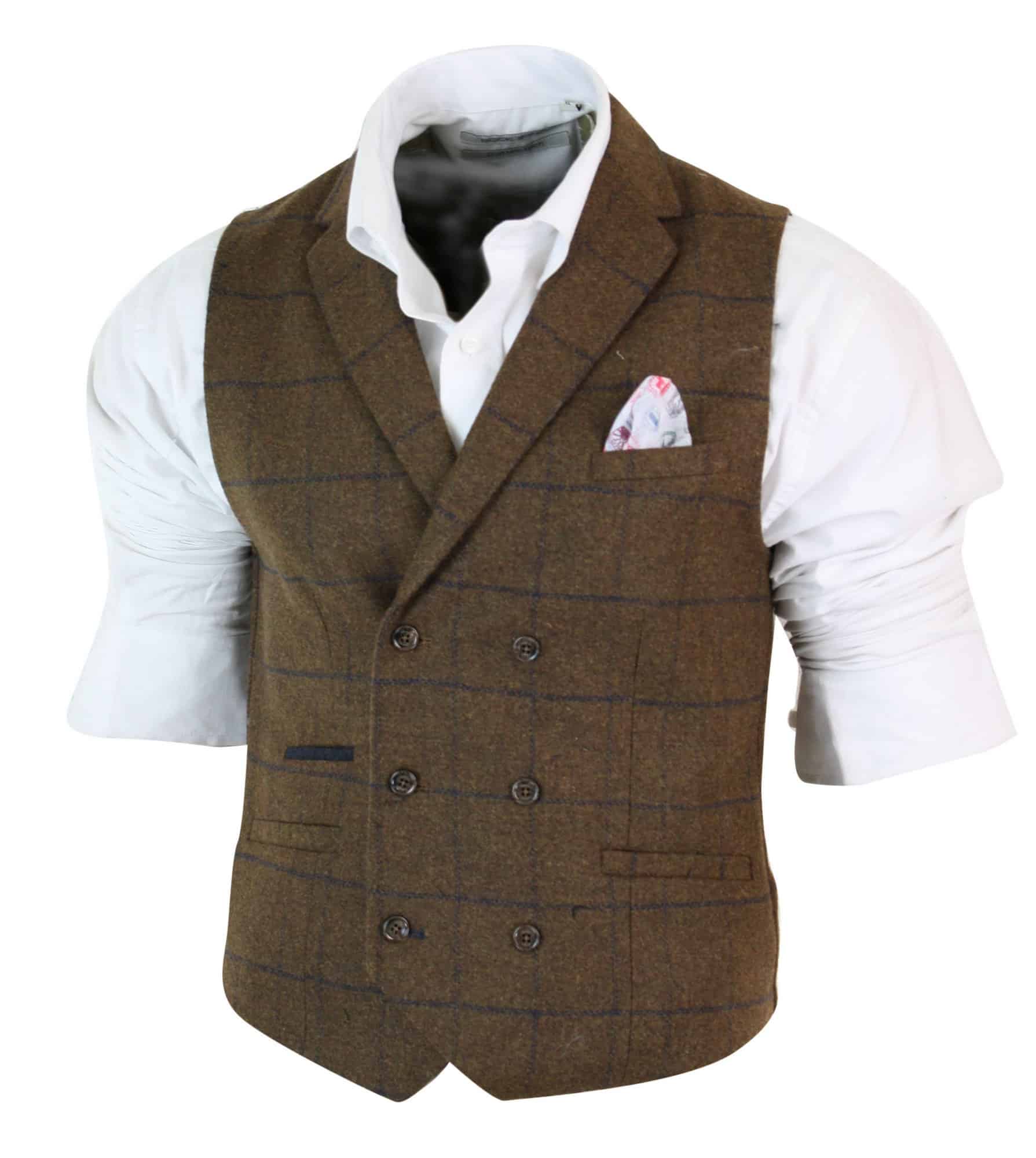 Mens Double Breasted Herringbone Tweed Peaky Blinders Vintage Check Waistcoat Tan Brown