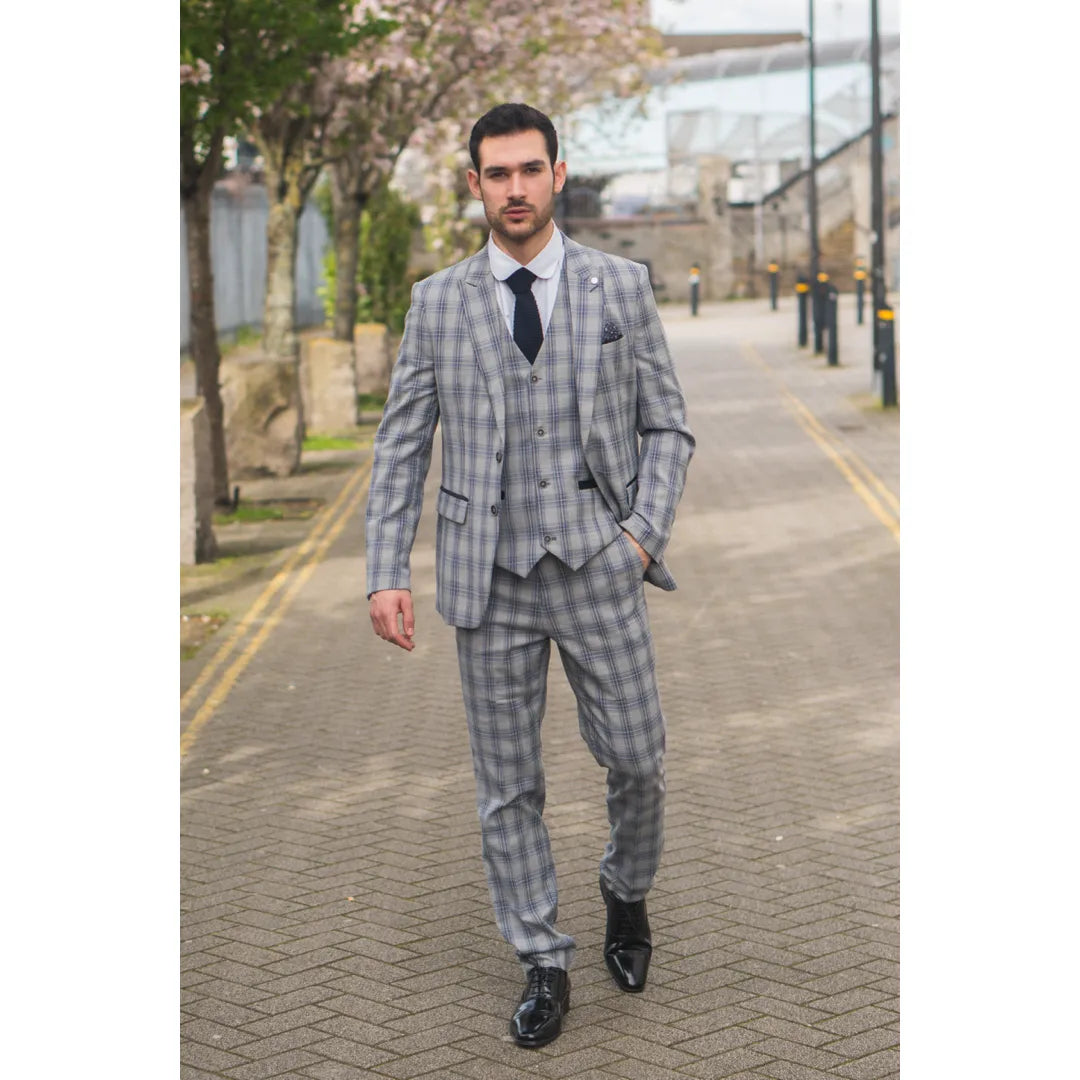 Knight Men's 3-Piece Grey and Blue Checked Suit
