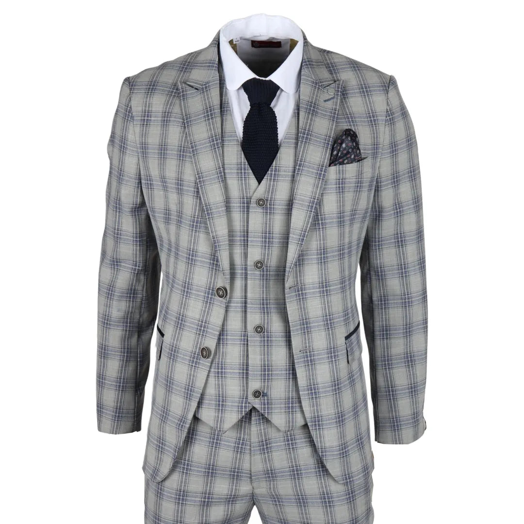 Knight Men's 3-Piece Grey and Blue Checked Suit