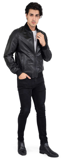 Lamb Real Leather Black Bomber Jacket for Men Regular Fit - B203