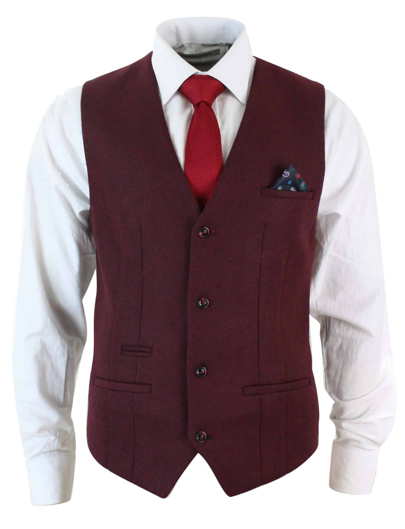 Marc Darcy Len Mati - Mens Slim Fit Burgundy Maroon Black Herringbone Tweed Vintage Retro Waistcoat